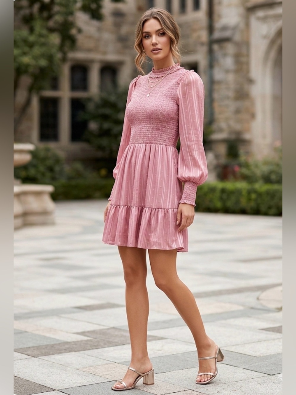 Ina Pink Smocked High-Neck Long-Sleeve Tiered Mini Dress/E126